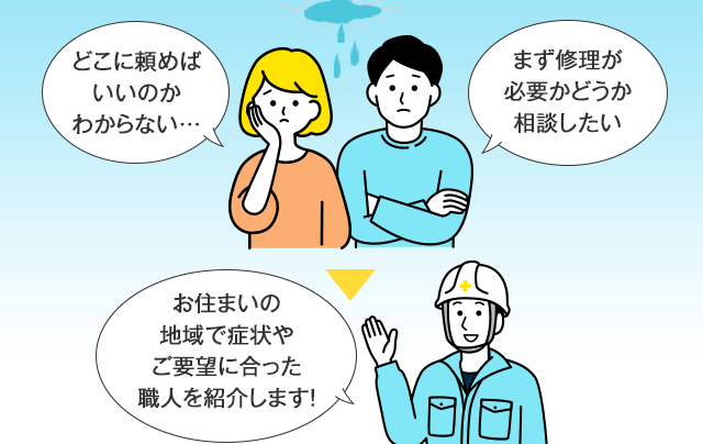 お住まいの地域や雨漏りの症状から、ピッタリの職人を紹介してほしい、お近くの雨漏り修理の達人に雨漏りの悩みを相談したい、という方はこちらからご相談ください